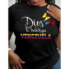 Camiseta Feminina "Dios Te Bendiga Venezuela" Graphic Text Design Crew Neck Confortável Estilosa Casual Verão