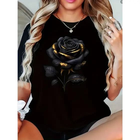 Camiseta Feminina Plus Size Rose Print Elegante Estampada Confortável Estilosa Moderna Casual