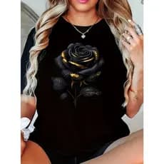 Camiseta Feminina Plus Size Rose Print Elegante Estampada Confortável Estilosa Moderna Casual