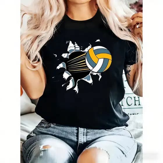 Camiseta Feminina Voleibol Estampa Bola Azul Amarelo Branco Estilosa Moderna Confortável Tendência