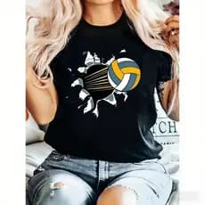 Camiseta Feminina Voleibol Estampa Bola Azul Amarelo Branco Estilosa Moderna Confortável Tendência