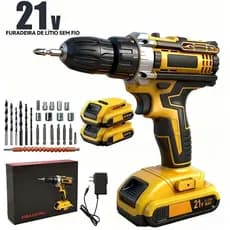 Parafusadeira Furadeira Sem Fio Impacto 21V 12v Baterias x2 110v-220v  com acessórios