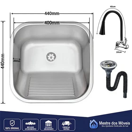Tanque Lavanderia 44×44/55*45cm Com Válvula Aço Inox 201 Aplicação cozinha e varanda e banheiro
