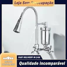 Torneira com Filtro Gourmet Flexível Cozinha Parede c/ Ducha 2 Jatos 1/4 de Volta + Refil