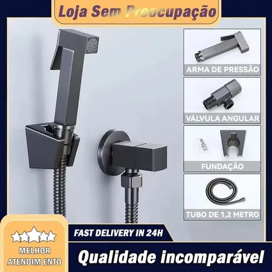 Ducha Higiênica Quadrada Super Luxo Metal Completa ¼ Volta Preto