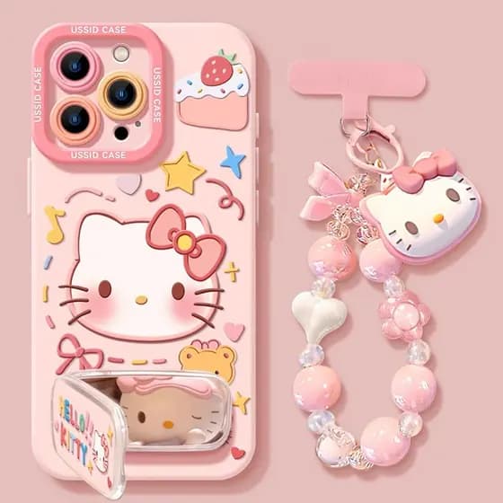 [Lindo] gatinho gato rosa com corrente suspensa, com suporte para espelho, adequado para iPhone17promax/16/15/14/13/12,