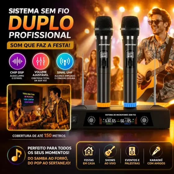 Sistema de Microfone Sem Fio Duplo MOREFAND UHF DSP 2 Microfones Alcance 150m para Karaokê Shows Igrejas e Eventos
