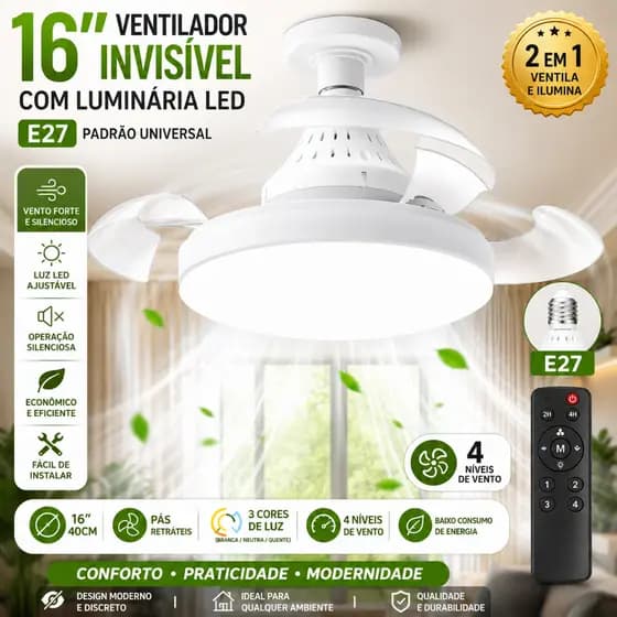 Ventilador de Teto Retrátil com Luz para Pequenos Espaços Controle Remoto Instalação Fácil Silencioso Bivolt