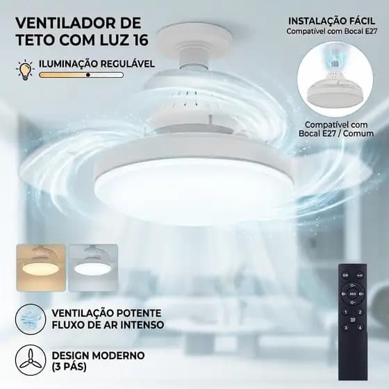 Ventilador de Teto Retrátil Lâmpada 3 Cores Silencioso Pás Design Sofisticado Bivolt