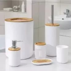 Kit Banheiro Em Bambu Com Lixeira Tampa Detalhes Luxo Tendência 2025