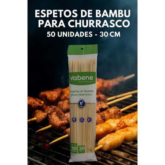 Espeto De Bambu Para Churrasco Vabene Tellus 50 unidades 30cm Resistente A Quebra Não Solta Farpas Molhar Antes Do Uso