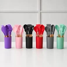 Kit 12 Utensílios de Cozinha Silicone com Cabo Madeira Premium
