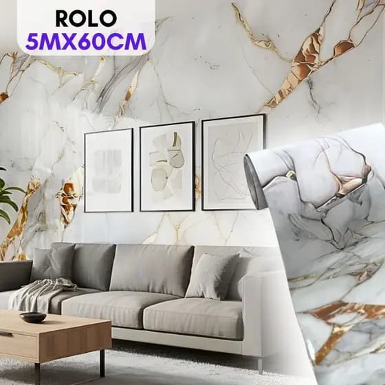 Papel De Parede Adesivo 5MX60CM Mármore Dourado Ambientes Modernos Sofisticados Vinílico Brilhante