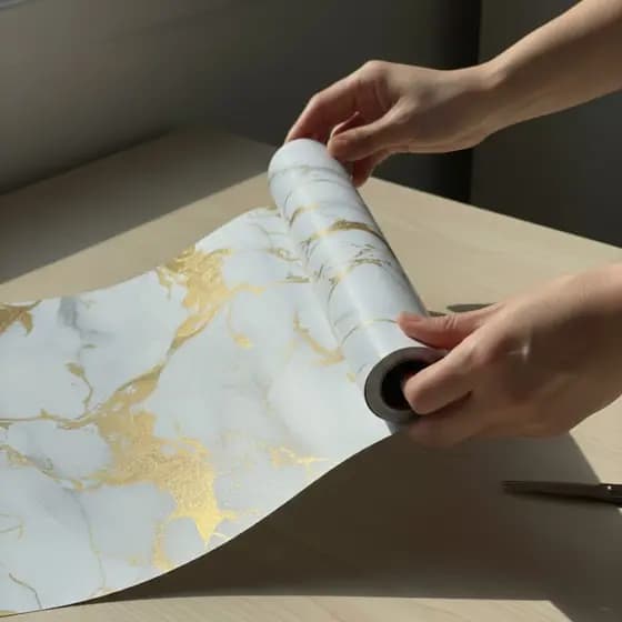 Papel de Parede Mármore Azulado C/ Veios Dourados Impermeável Vinil Sofisticado P/ Metro Autocolante