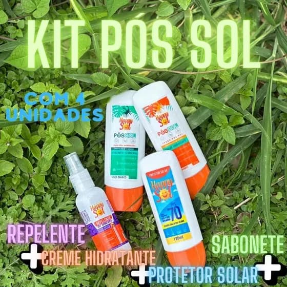 KIT PÓS SOL - Protetor solar ANTISSINAIS 70 FPS , repelente , creme hidratante , sabonete HAPPY SOL