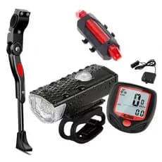 Farol Bike 300 Lumens + Sinalizador Pisca + Pezinho Lateral 20 a 29 + Velocímetro Com Fio Mtb