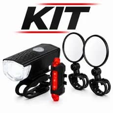 Kit Acessórios Bike Farol Com Sinalizador Recarregável Com Par De Esprelho Retrovisor Redondo