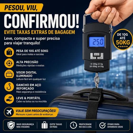 Balança De Bagagem Digital De Mão Com Gancho Até 50kg - BC