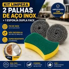 Kit Limpeza 2 Palhas de Aço Inox + 1 Esponja Dupla Face Verde Para Cozinha Panelas Fogão Multiuso BC