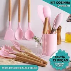 Kit 12 Utensílios de Cozinha Silicone Cabo Madeira Resistente Calor Espátula Colher Antiaderente