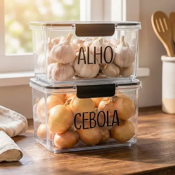Organizador Multiuso de Geladeira 1,9L - Pote Hermético com Etiqueta, Porta Alho | Avulso ou Kit