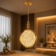 Luminária Pendente Dourada LED 8W Efeito Cristal Luz Quente Decorativa Para Sala Quarto Bancada