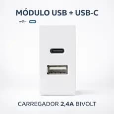 Tomada Módulo USB + USB Tipo C Carregador 2,4A Bivolt Branco de Embutir