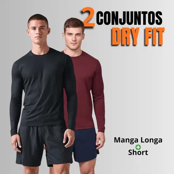 Kit 2 Conjuntos Camiseta Masculina Manga Longa Dry Fit + Shorts Academia Fitness Esportivo Premium