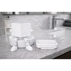 Kit Banheiro divertido branco - Porta Papel Higiênico leitor com perninhas articuladas acompnha Porta Sabonete com Dreno
