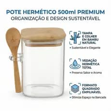 Pote Hermético Vidro 500ML Colher e Tampa de Bambu Premium