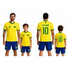 Kit Uniforme Brasil Copa Torcedor Pai e Filho ( 2 Kits, Camisa e Short ) com Nome Personalizado
