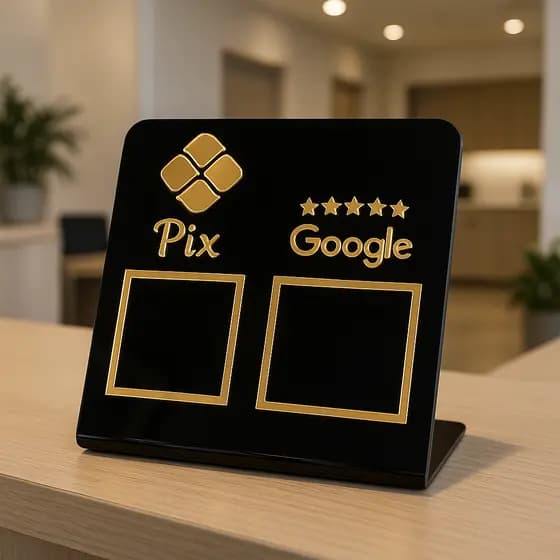 Placa Display QR Code Pix Avaliação Google Plaquinha Mesa Balcão Acrílico Espelhado