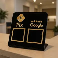 Placa Display QR Code Pix Avaliação Google Plaquinha Mesa Balcão Acrílico Espelhado