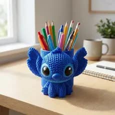 Porta Canetas Organizador Azul Impressão 3D Tipo Crochê Escritório