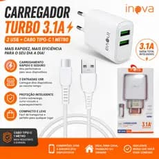 Carregador Turbo INOVA 3.1A 2 USB com Cabo Tipo C 1 Metro CAR-12820C