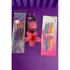 Kits de Maquiagens 10 Peças – Pincéis Glitter Sereia + Esponja Blender + Navalhas + Presilha Flor