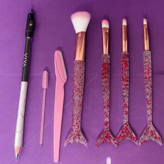Kit Maquiagem 7 Peças: Pincéis Sereia + Navalha + Escovinha + Lápis Duo Vivai | Kits de Make | Presente Feminino