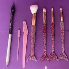 Kit Maquiagem 7 Peças: Pincéis Sereia + Navalha + Escovinha + Lápis Duo Vivai | Kits de Make | Presente Feminino
