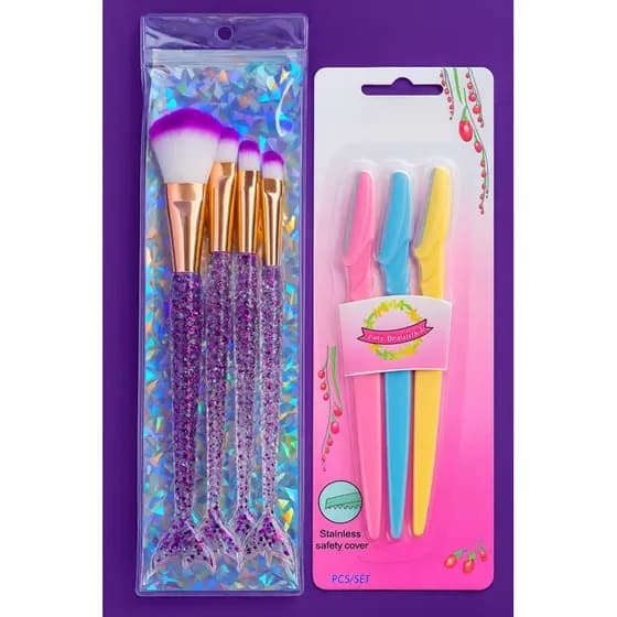 Kit Maquiagem 7 Peças Completo | 4 Pincéis Sereia + 3 Navalhas Sobrancelha | Acessórios de Make