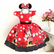 Vestido Infantil Minnie Vermelha Poa Festa Aniversario Com Tiara De Orelhinha