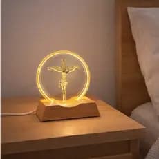 Luminária Religiosa Jesus e Nossa Senhora LED Vidro Efeito 3D Base Madeira USB
