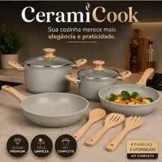 Kit 4 Panelas Cerâmica Antiaderente com 3 Utensílios Indução Gás Elétrico Cinza CeramiCook