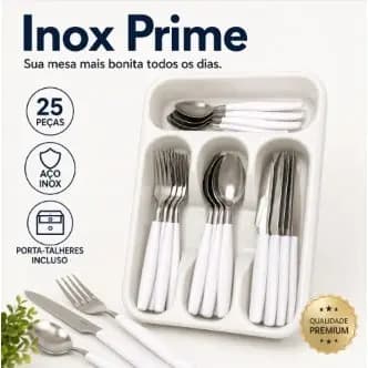 Kit Talheres Inox 25 Peças Branco com Porta Talheres Jogo Completo Aço Inoxidável Bella Mesa