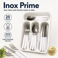 Kit Talheres Inox 25 Peças Branco com Porta Talheres Jogo Completo Aço Inoxidável Bella Mesa