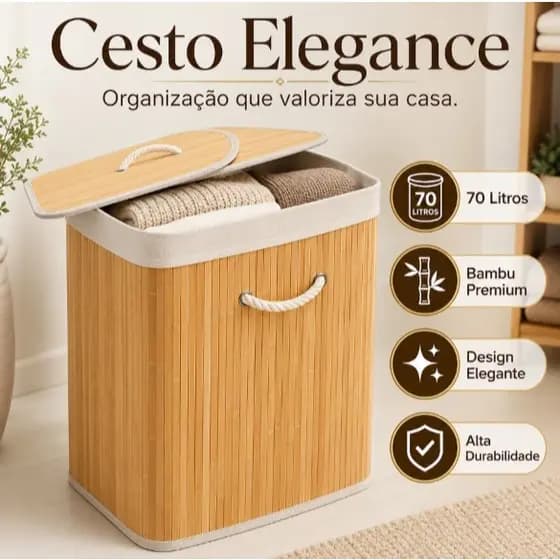 Cesto Organizador de Bambu 70L com Tampa e Alças Multiuso para Roupas Lavanderia Banheiro Quarto Elegance