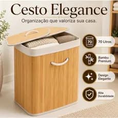 Cesto Organizador de Bambu 70L com Tampa e Alças Multiuso para Roupas Lavanderia Banheiro Quarto Elegance