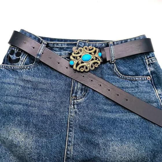 Cinto Feminino Boho Vintage de Couro Sintético Com Fivela Com Pedra Azul Turquesa