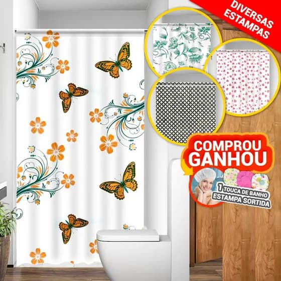 Cortina Para Box de Banheiro PE Estampada Sortidas Acabamento em Viés Uso Direto ao Suporte