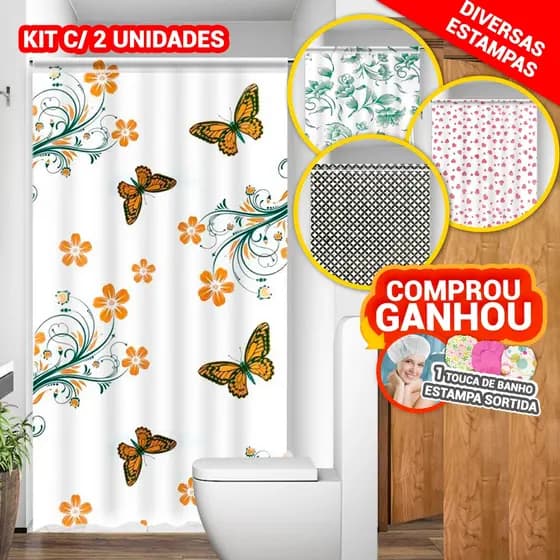 Kit 2 Cortinas Box Diversas Estampadas Uso Direto no Suporte Acabamento em Viés PE