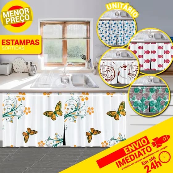 Cortina de Pia PE 138x80cm Decoração Cozinha Várias Estampas Sortidas Uso Direto no Suporte